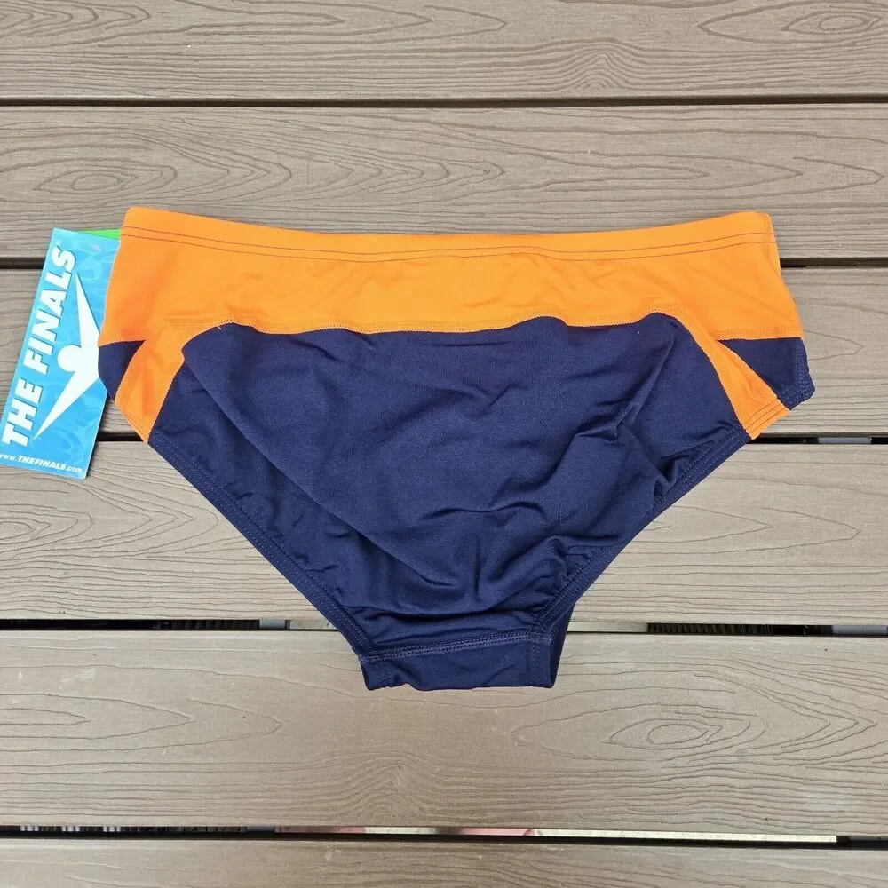 TYR The Finals Shark Orange/Navy Splice Racer Briefs, Boy Men Size 30, NEW